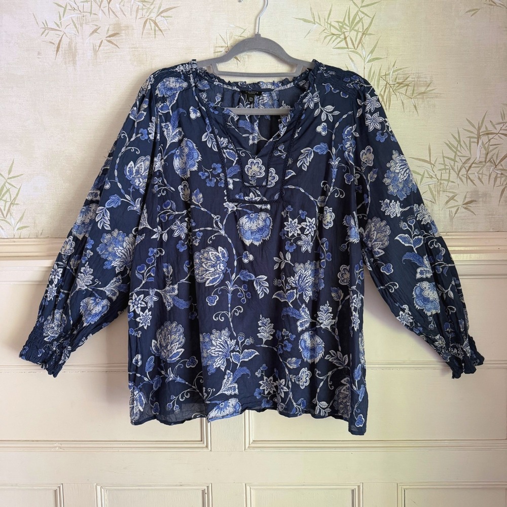 Talbots Plus Petite Blue Floral Cotton Peasant Blouse Split Neck Lace Trim 2XP